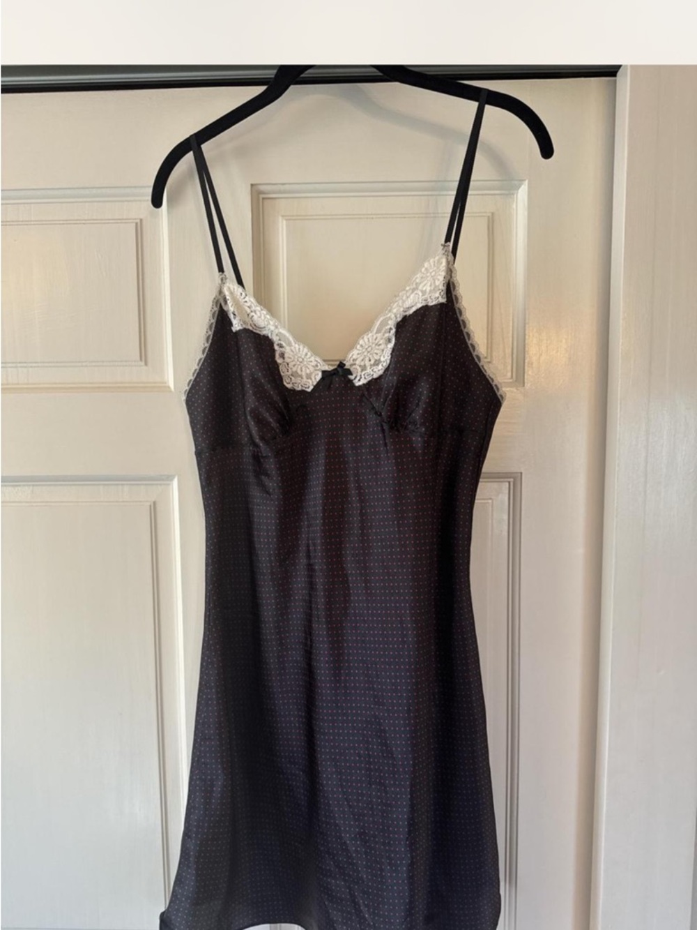 Black Red Polka Dot Satin Lace Trim Slip Dress